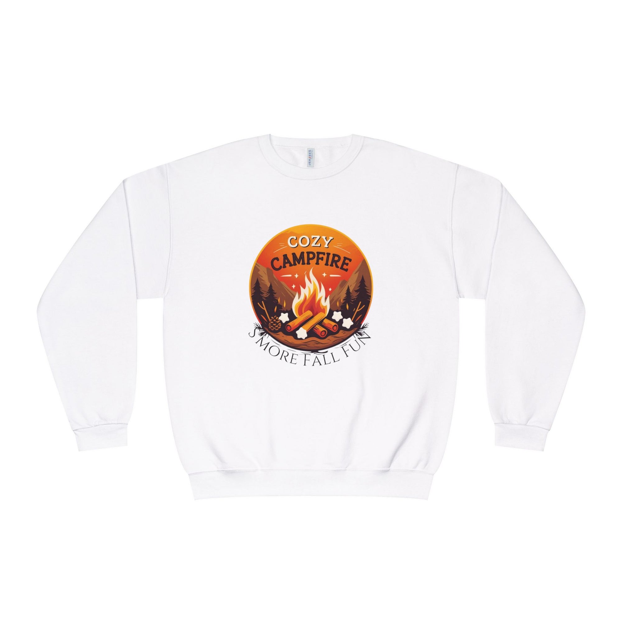 White sweatshirt with a 'Cozy Campfire Smoke All Day' graphic on a white background