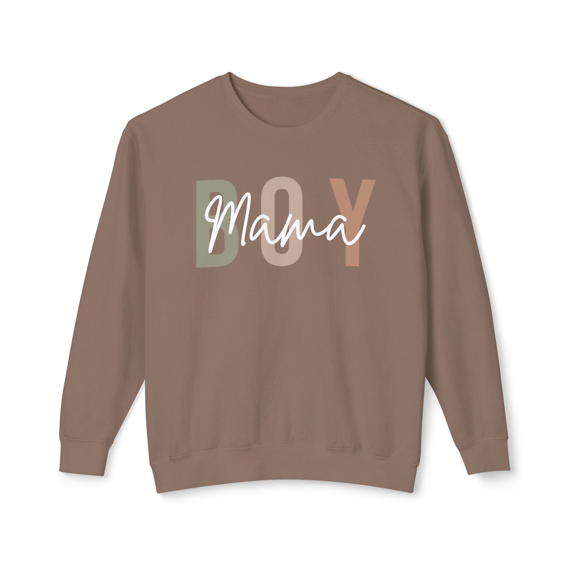 Brown sweatshirt with 'BOY Mama' text on a white background