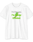 White t-shirt with humorous text design on a white background
