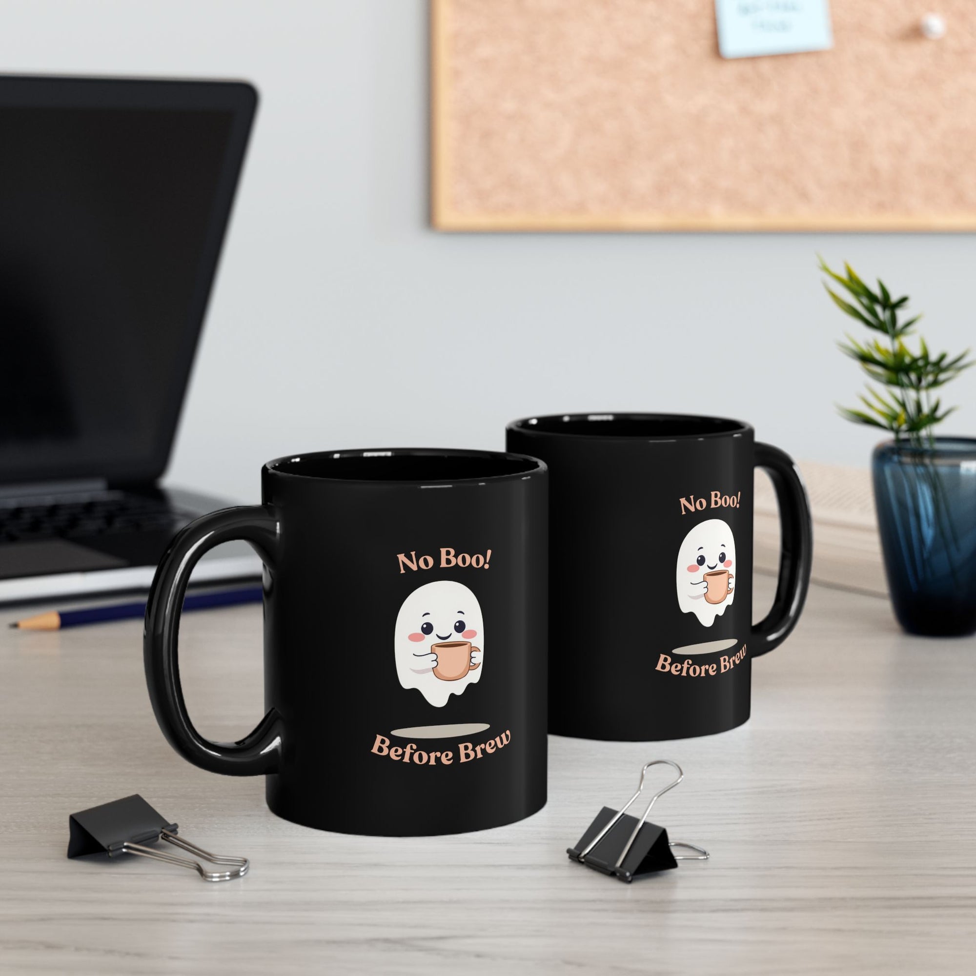 Ghostly Coffee Mug: No Boo Before Brew - Funny Halloween Black Mug