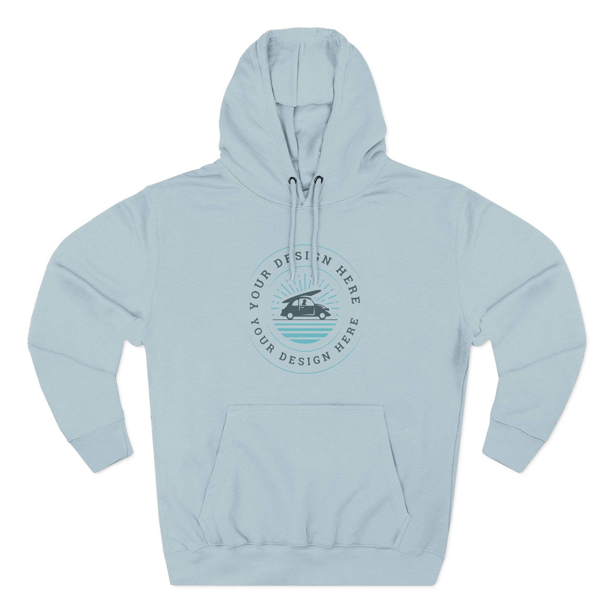 Light blue hoodie with a customizable design area on a white background