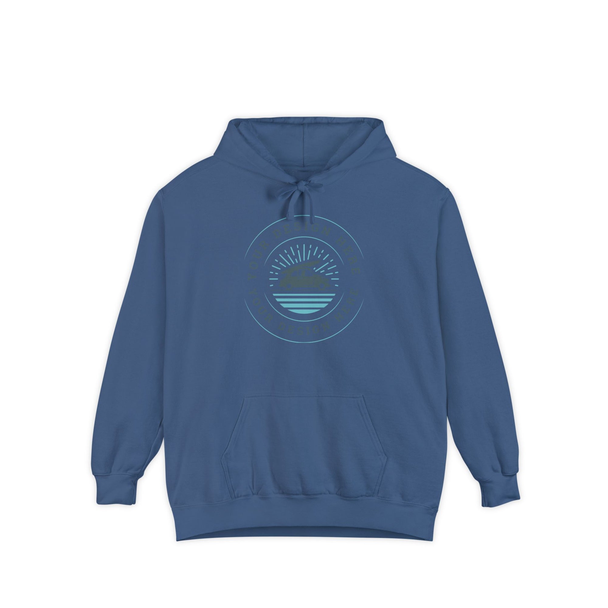 Blue hoodie with a circular graphic on a white background