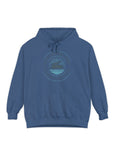 Blue hoodie with a circular graphic on a white background