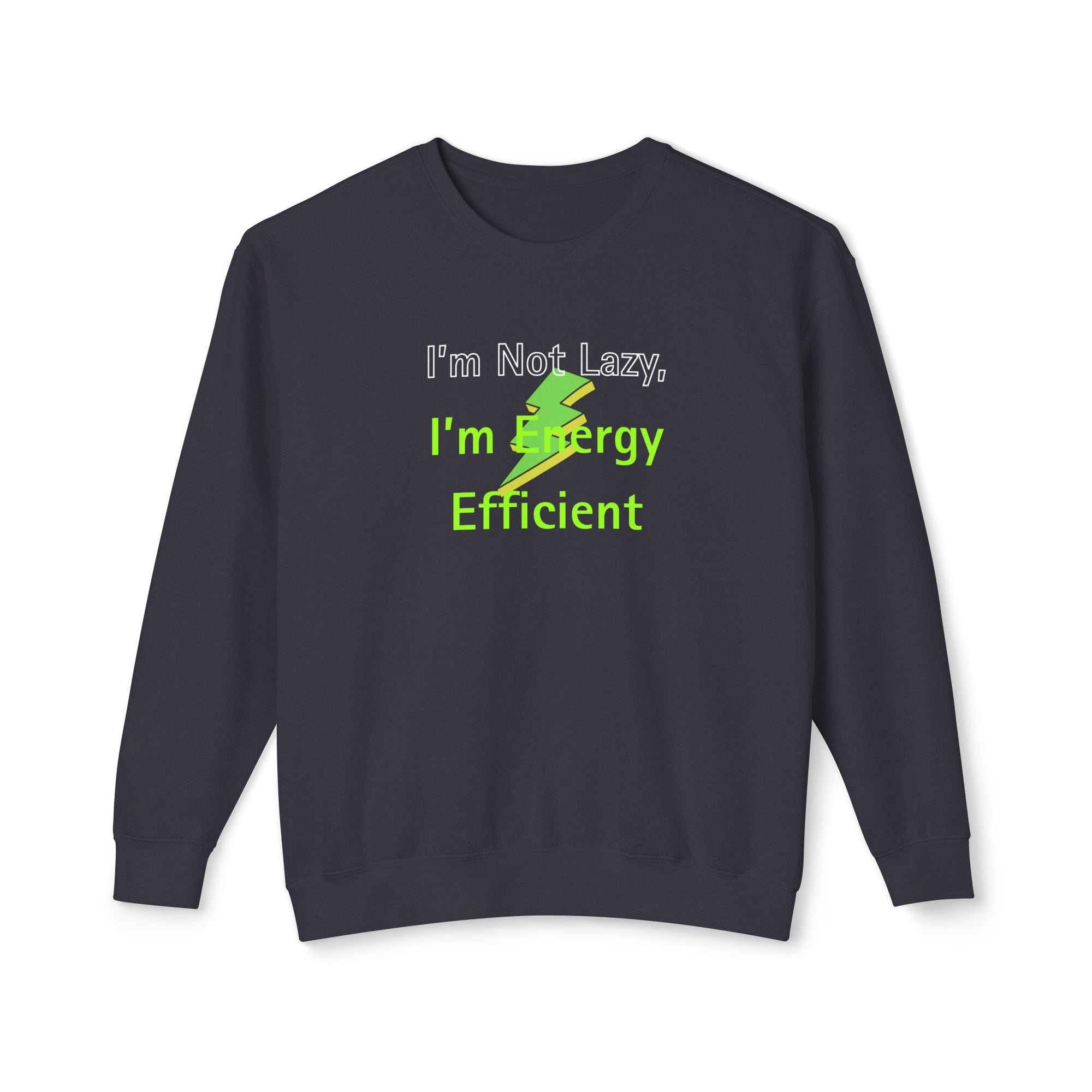 Navy blue sweatshirt with green text and graphic on a white background