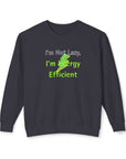 Navy blue sweatshirt with green text and graphic on a white background