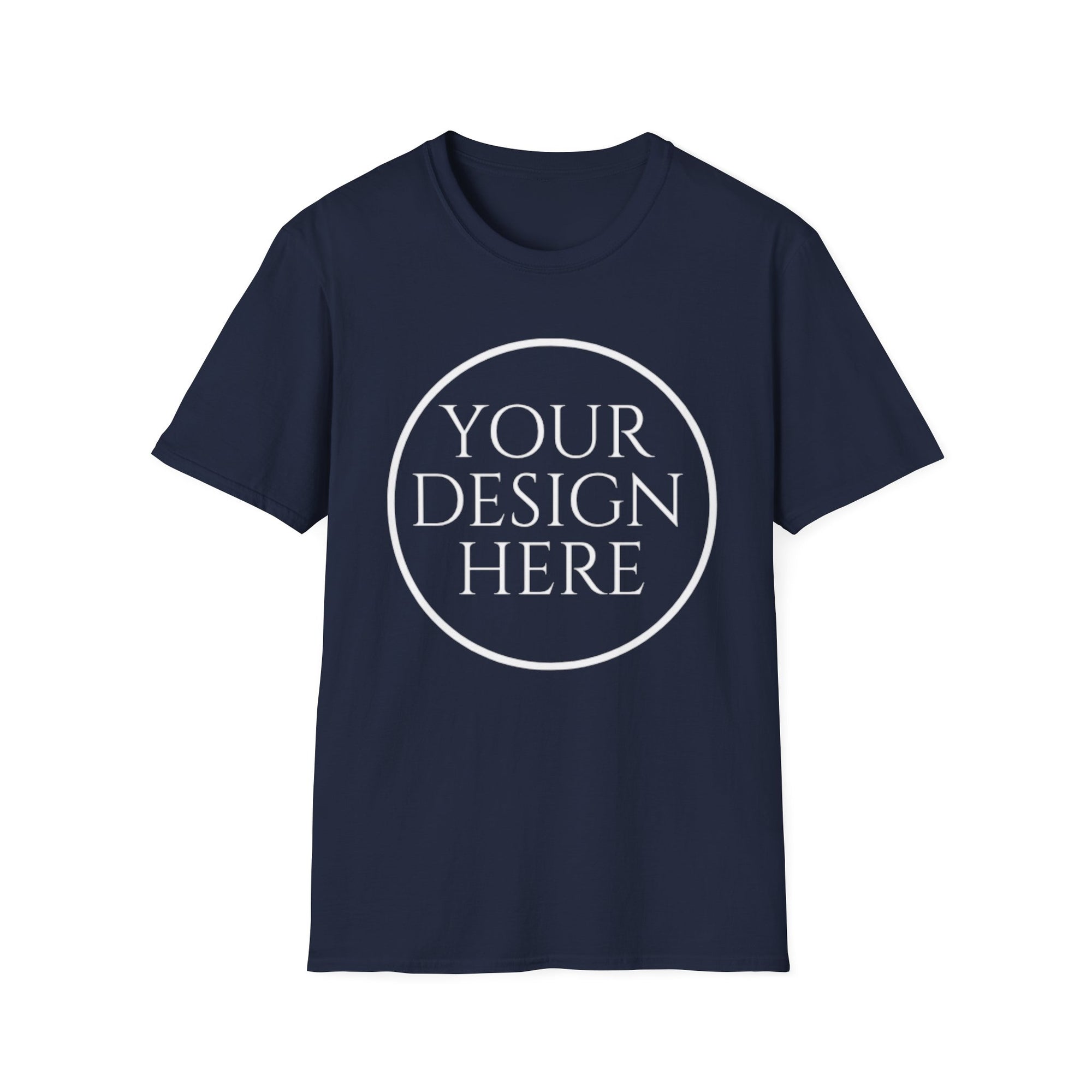 Navy blue t-shirt with 'Your Design Here' text on a white background
