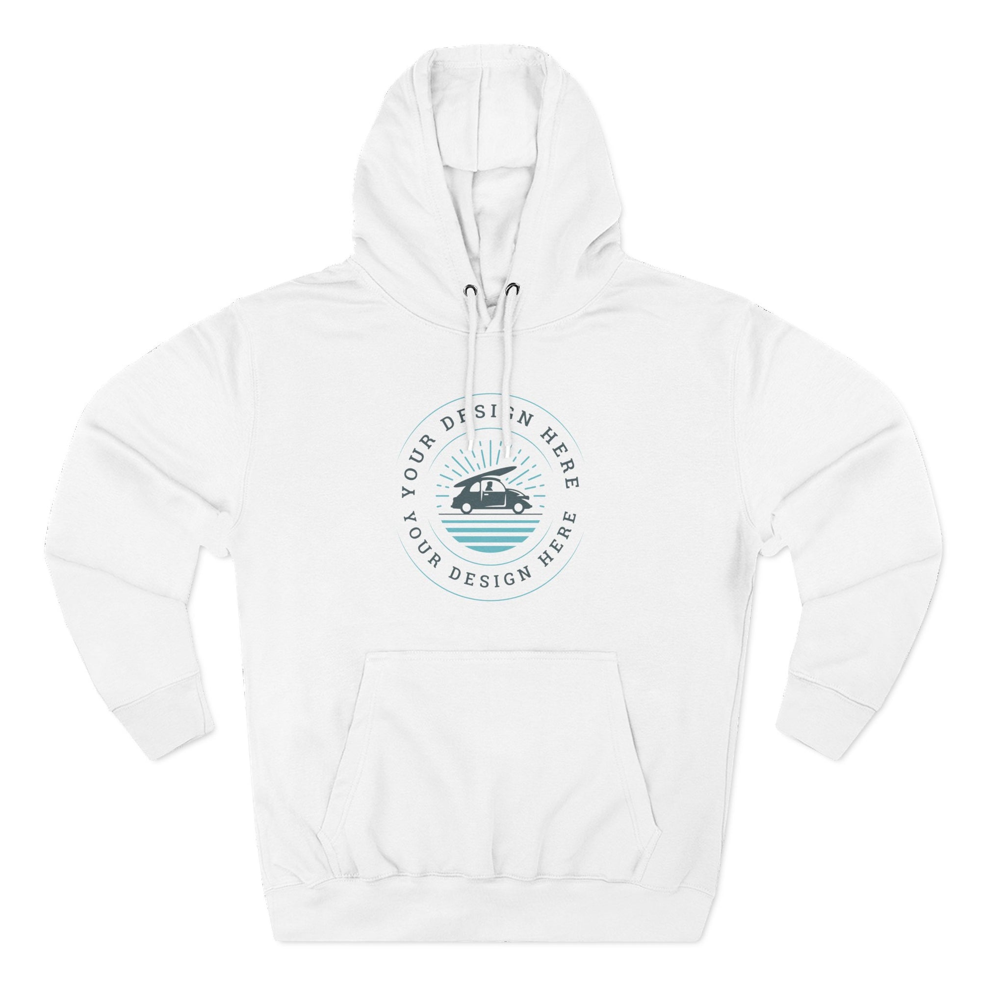White hoodie with a customizable design area on a white background
