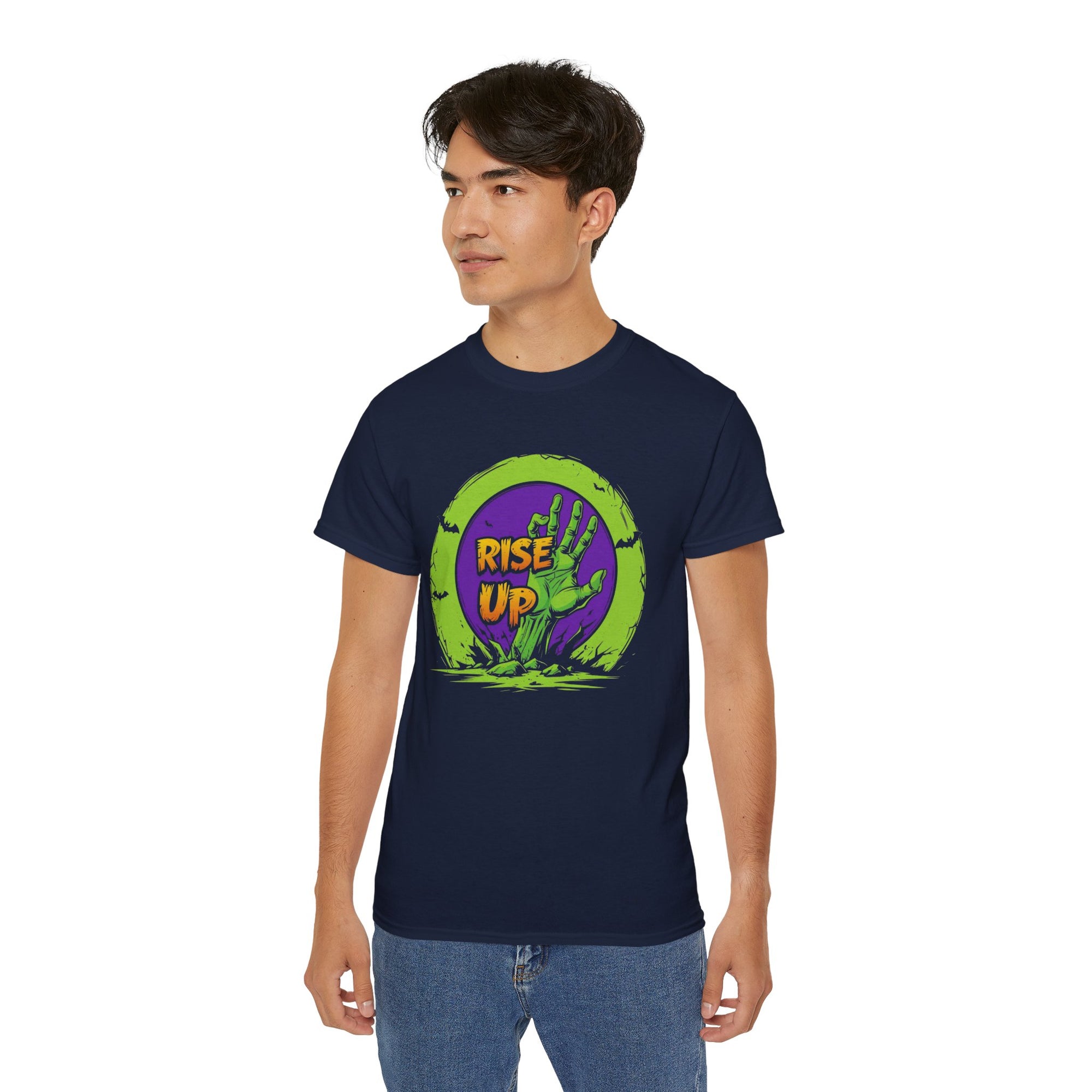 Zombie Themed Unisex Cotton Tee | Rise Up Shirt for Halloween, Casual Wear, Family Gatherings, Horror Fans, Gift Idea