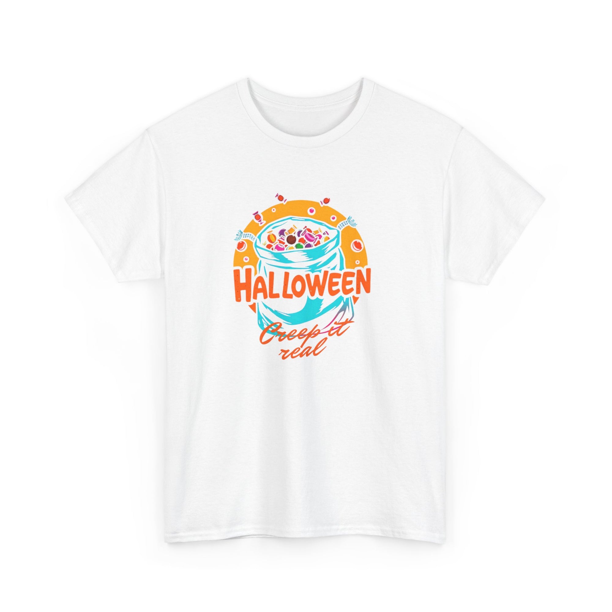White t-shirt with Halloween graphic design on a white background