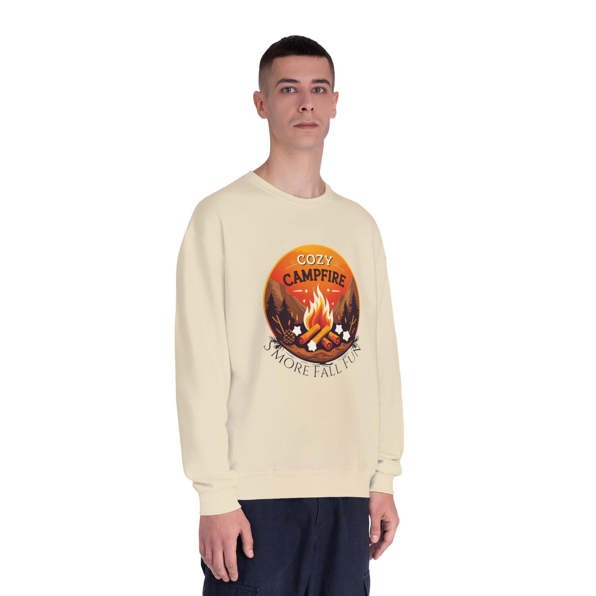Person wearing a beige sweatshirt with a campfire graphic and text on a white background