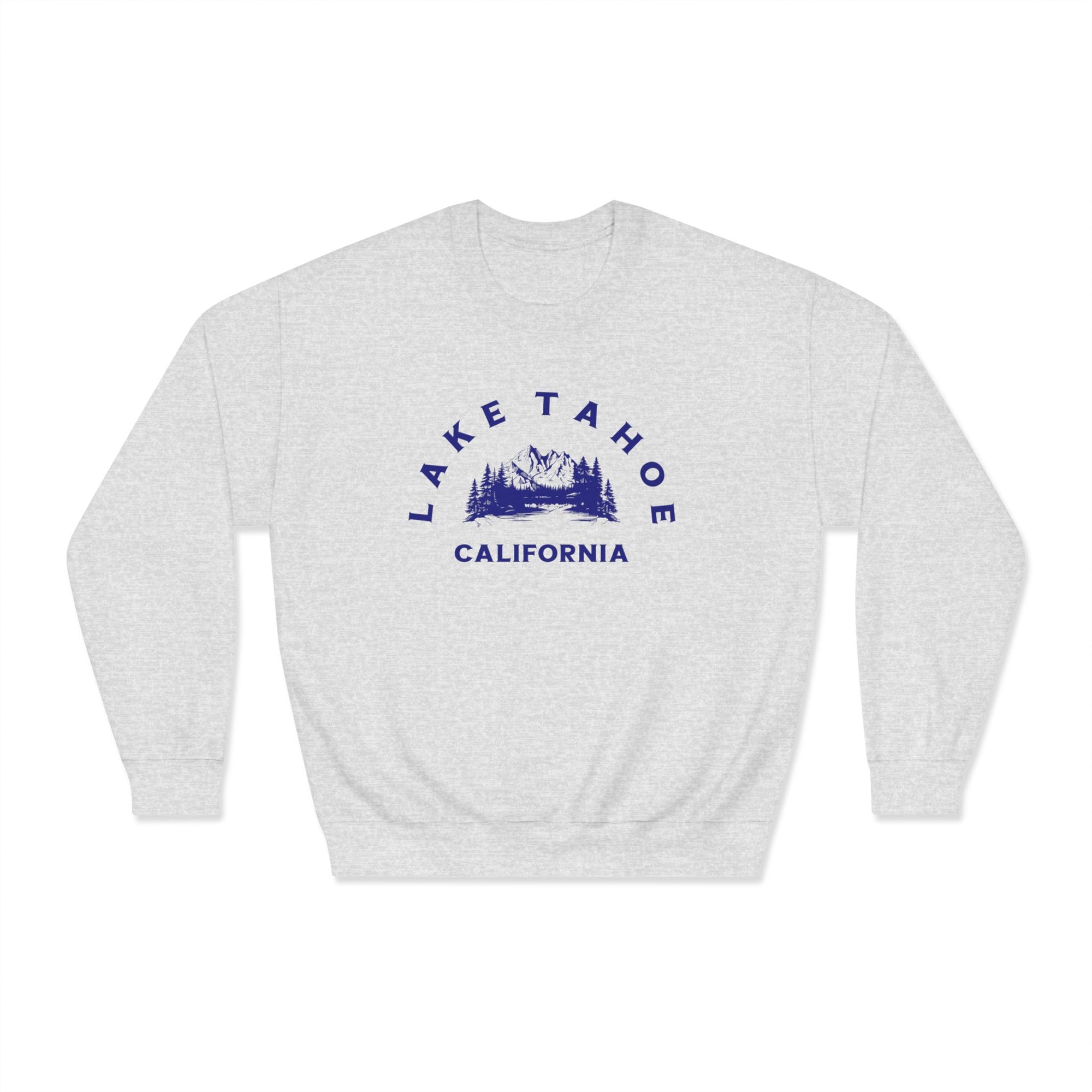 Gray sweatshirt with 'Lake Tahoe California' text and graphic on a white background