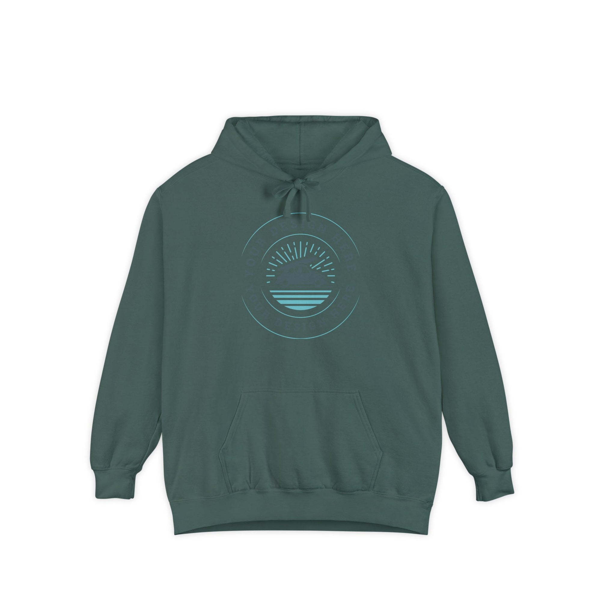 Green hoodie with a circular design on a white background