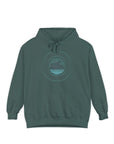 Green hoodie with a circular design on a white background