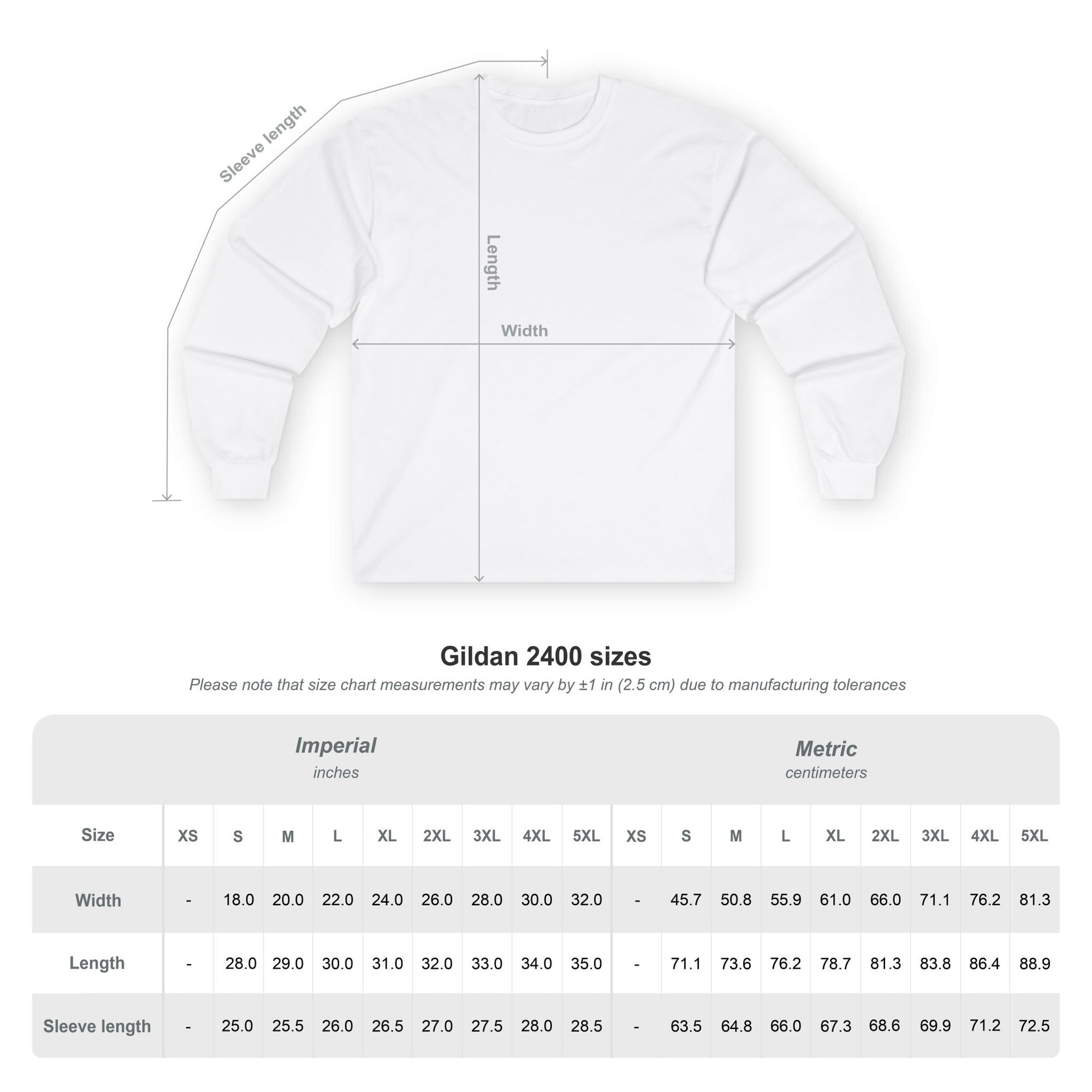 Gildan 2400 size chart for a white sweatshirt with measurements in inches and centimeters.