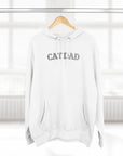 White hoodie with 'CAT DAD' text on a hanger against a white background