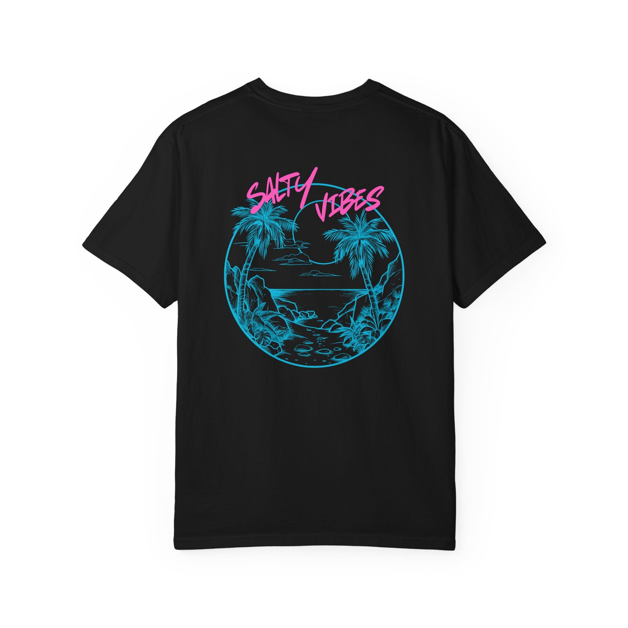 Black t-shirt with 'Salty Vibes' graphic design on a white background