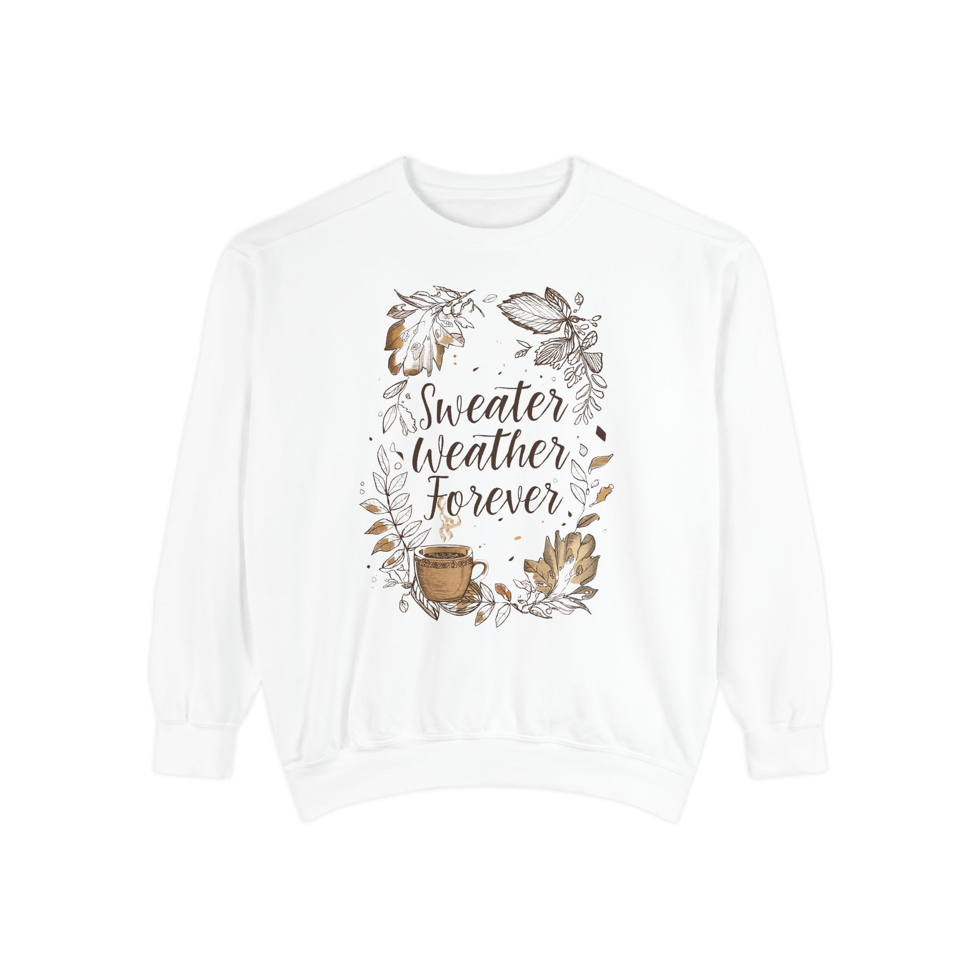 White sweatshirt with 'Sweater Weather Forever' text and autumn-themed design on a white background