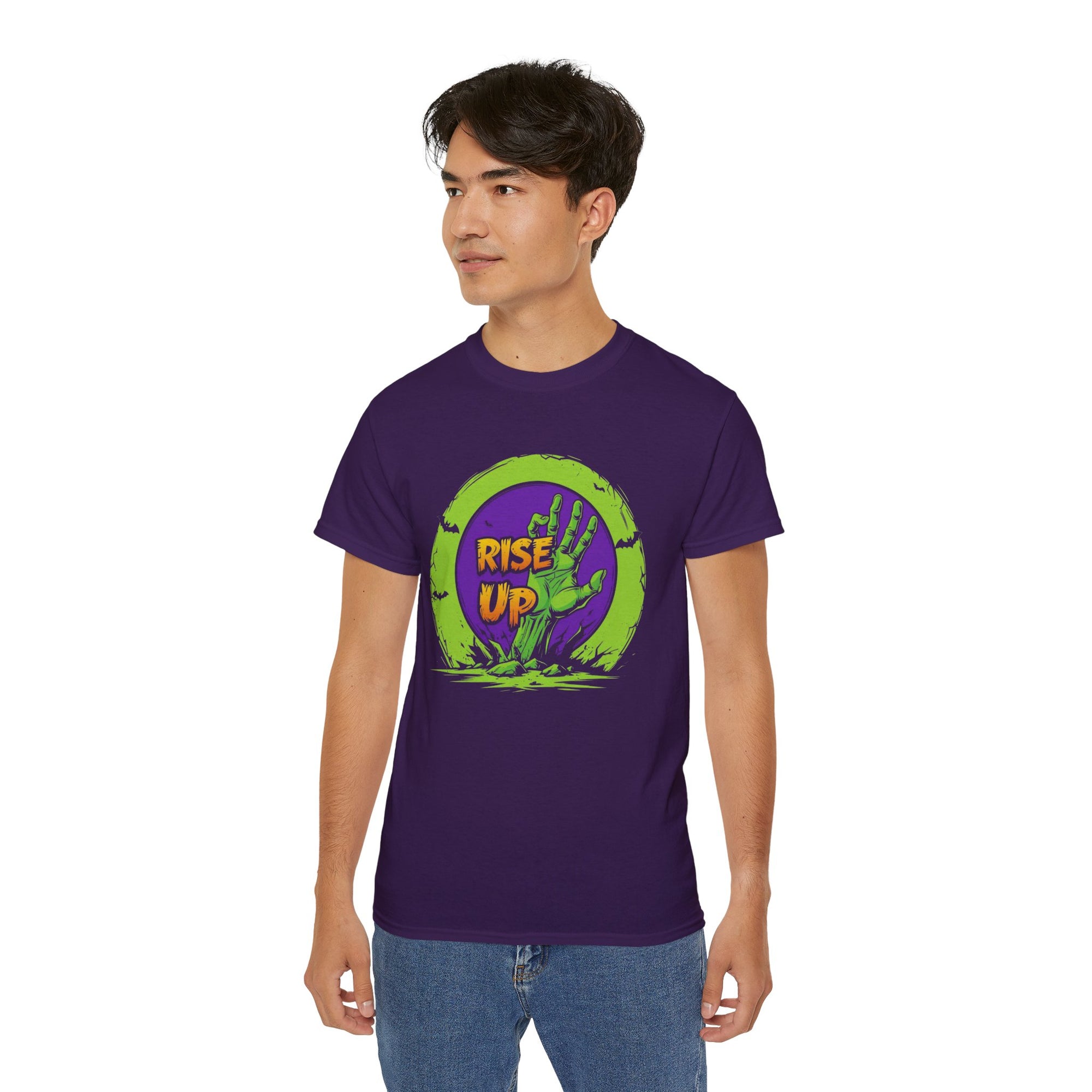 Zombie Themed Unisex Cotton Tee | Rise Up Shirt for Halloween, Casual Wear, Family Gatherings, Horror Fans, Gift Idea
