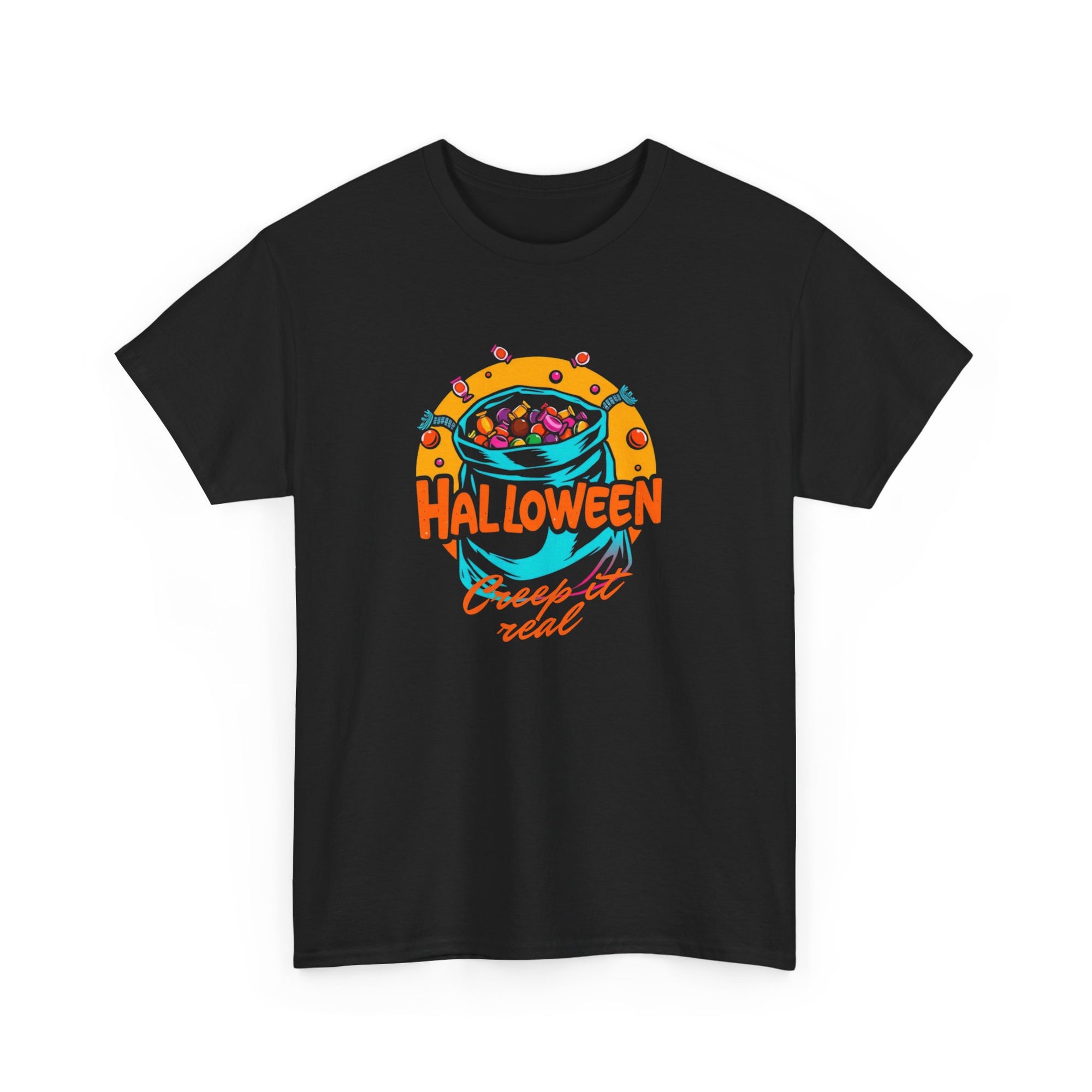 Black t-shirt with Halloween graphic design featuring a bucket of candy on a white background