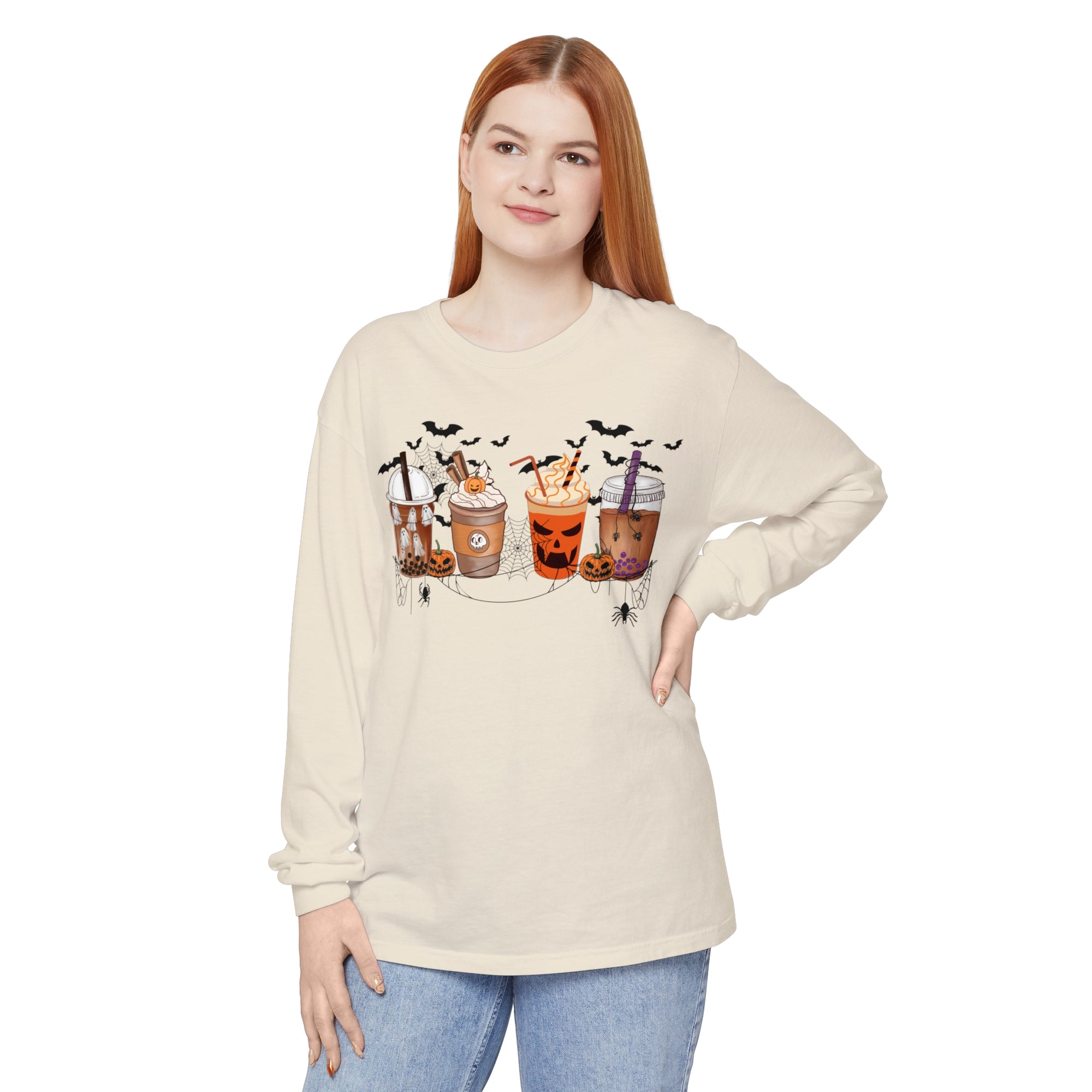 Halloween Coffee Time - Unisex Garment-dyed Long Sleeve T-Shirt - T&L Apparel Store