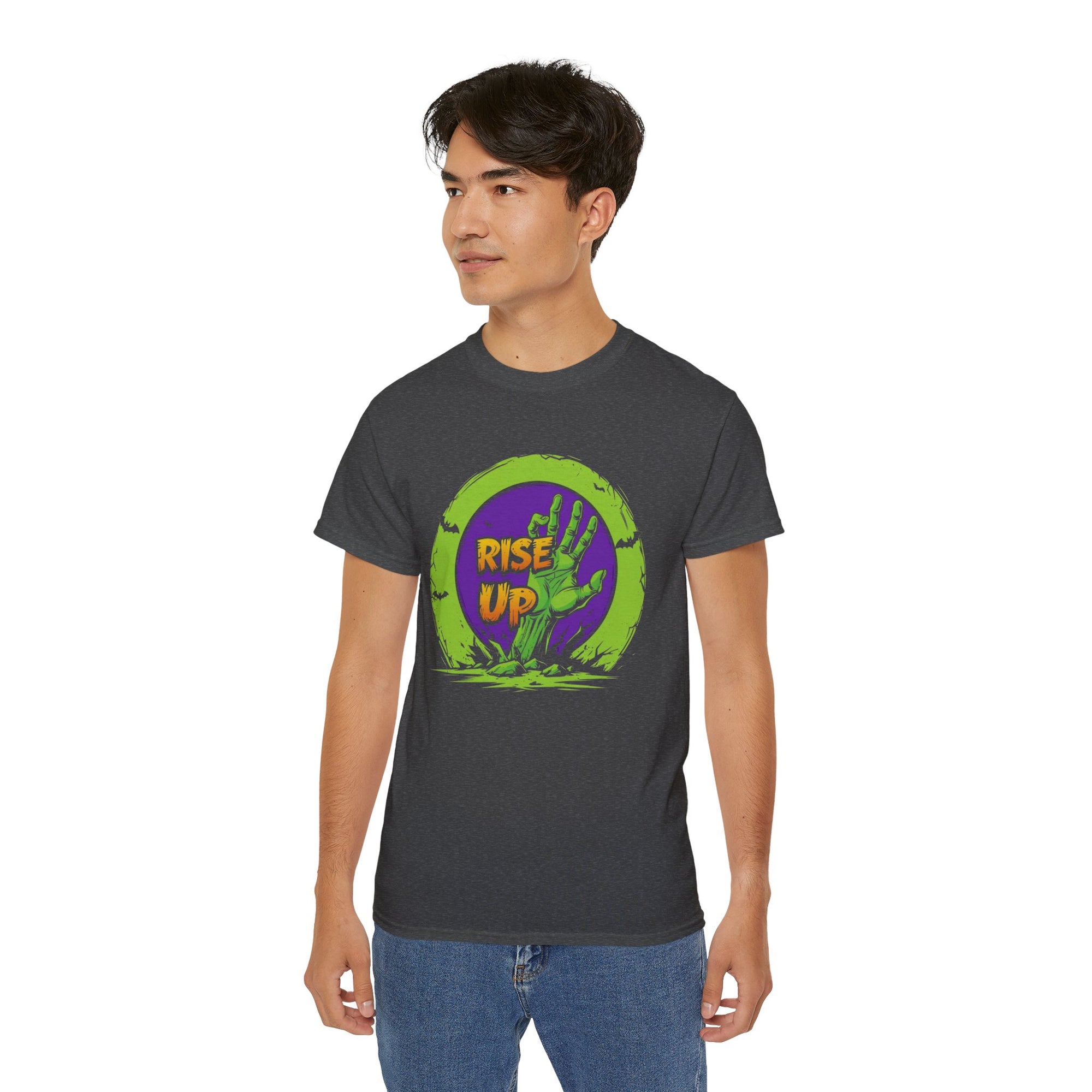 Zombie Themed Unisex Cotton Tee | Rise Up Shirt for Halloween, Casual Wear, Family Gatherings, Horror Fans, Gift Idea