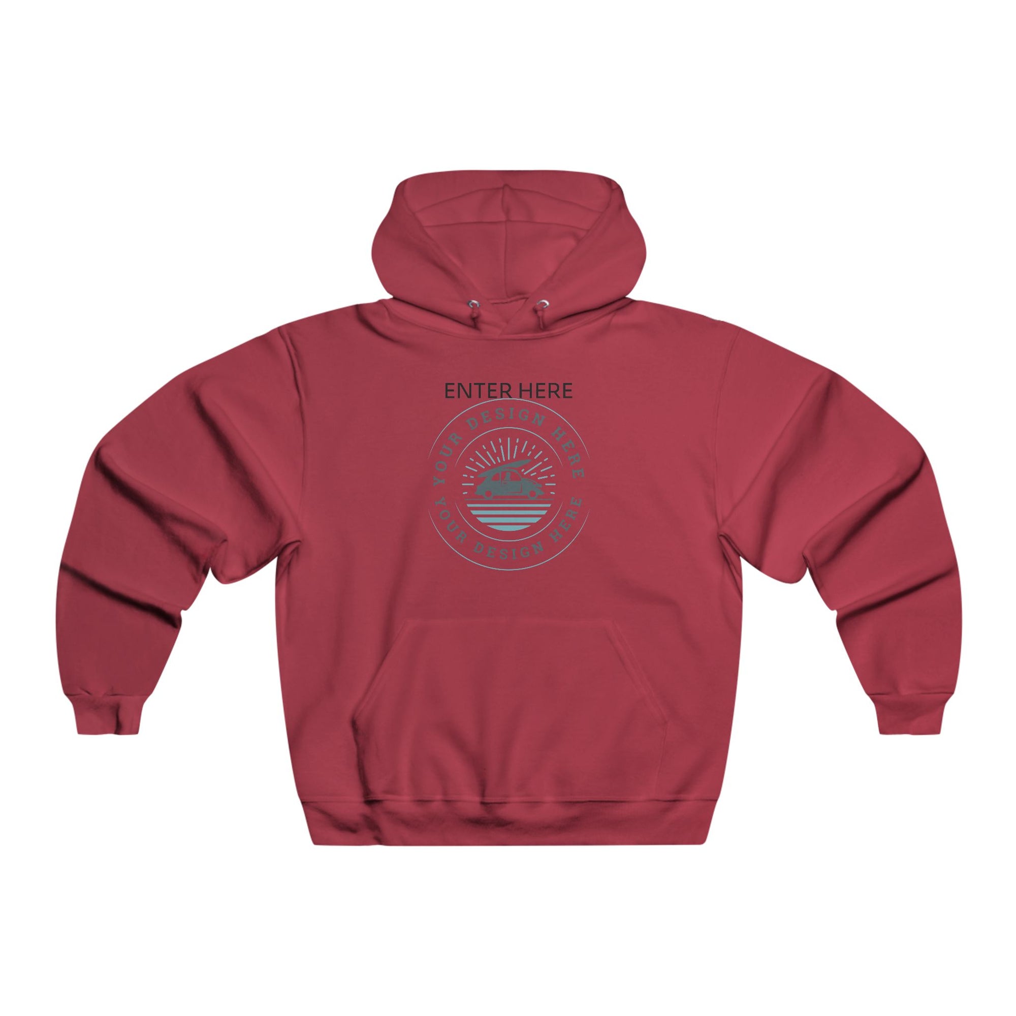Red hoodie with a graphic design on the back against a white background