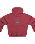 Red hoodie with a graphic design on the back against a white background