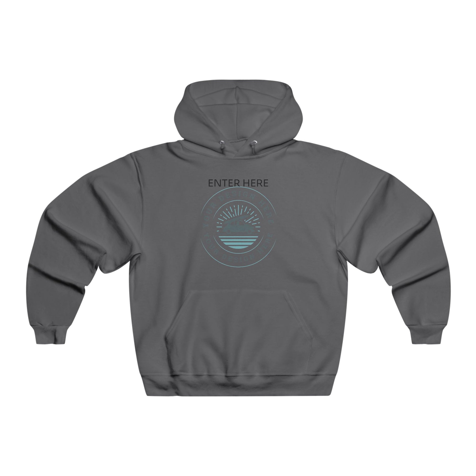 Gray hoodie with a circular design and text on the back against a white background