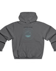 Gray hoodie with a circular design and text on the back against a white background