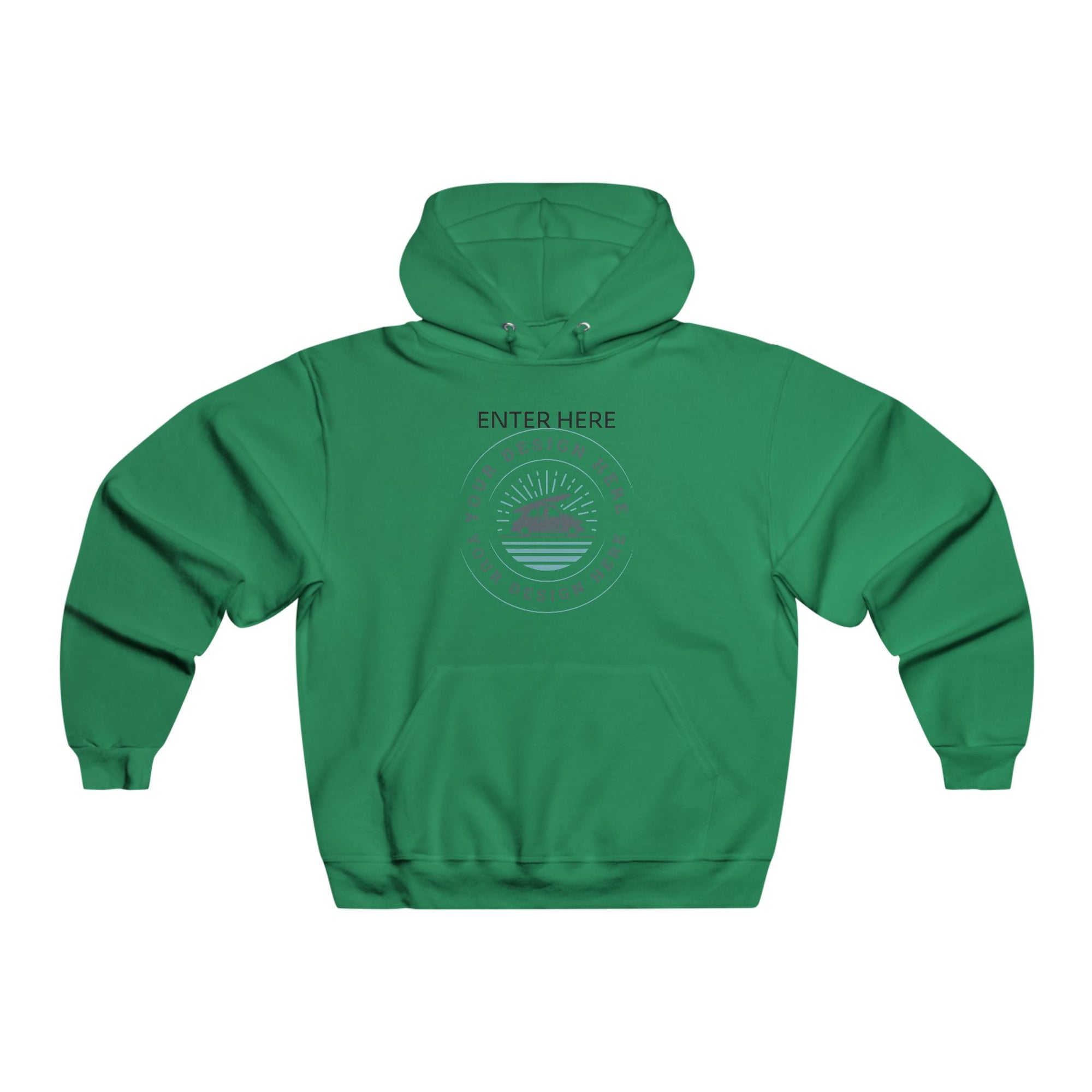 Green hoodie with a circular design and text on the back against a white background