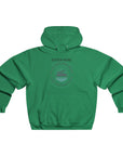 Green hoodie with a circular design and text on the back against a white background