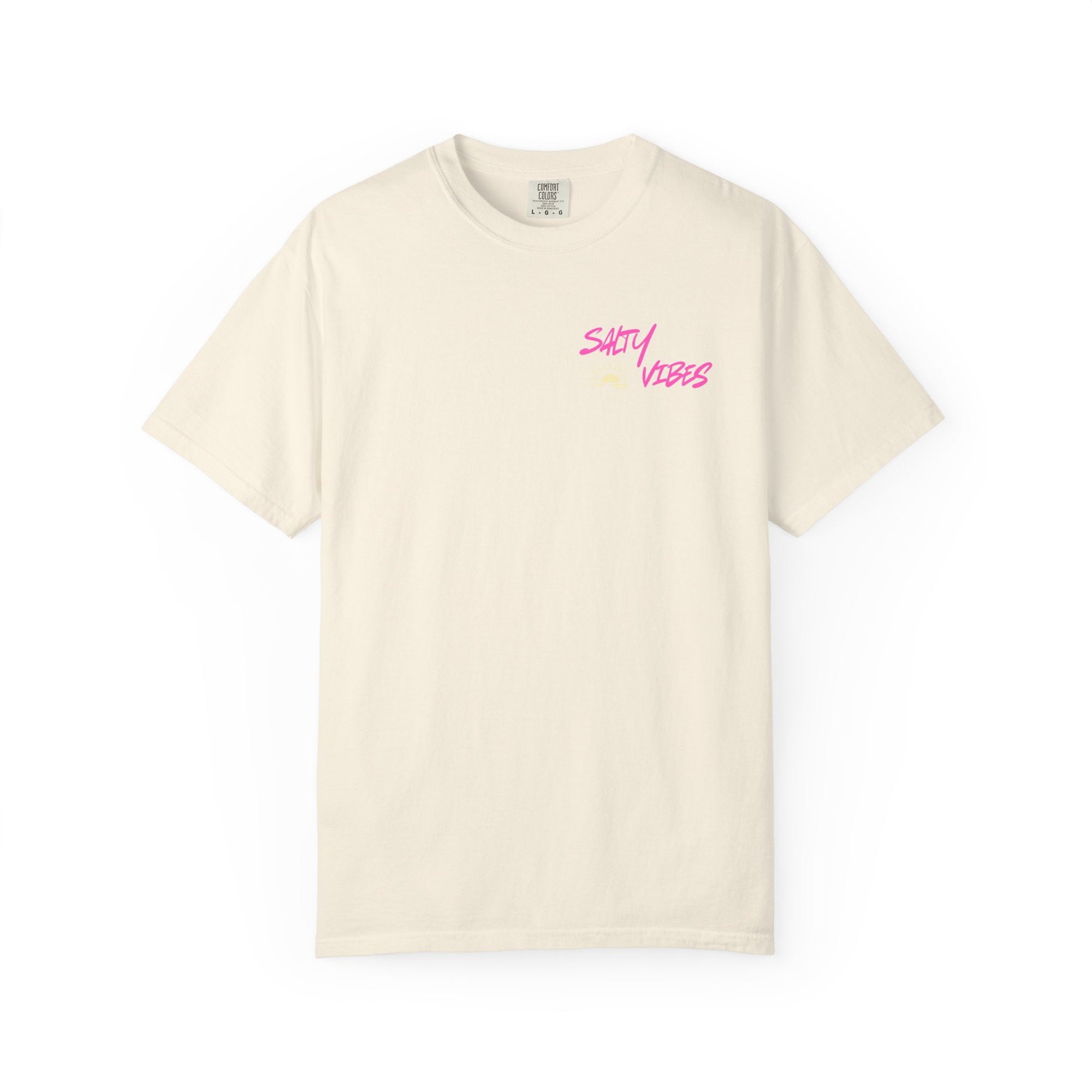 Beige t-shirt with 'Salty Vibes' text in pink on a white background