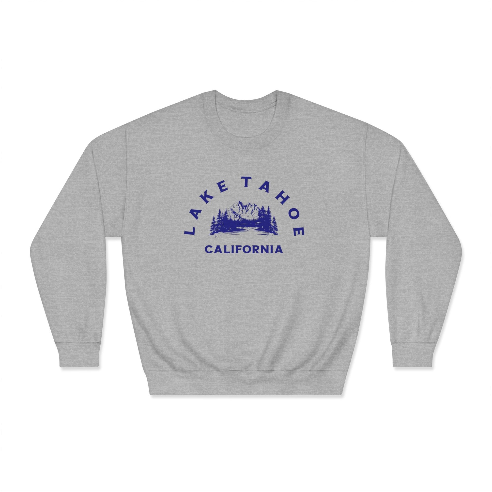 Gray sweatshirt with blue 'Lake Tahoe California' text and graphic on a white background
