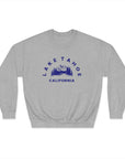 Gray sweatshirt with blue 'Lake Tahoe California' text and graphic on a white background