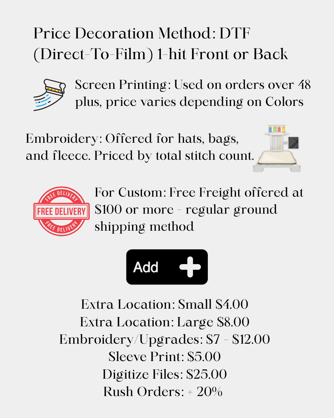 Price decoration method details with DTF, screen printing, and embroidery options on a white background.