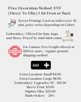 Price decoration method details with DTF, screen printing, and embroidery options on a white background.