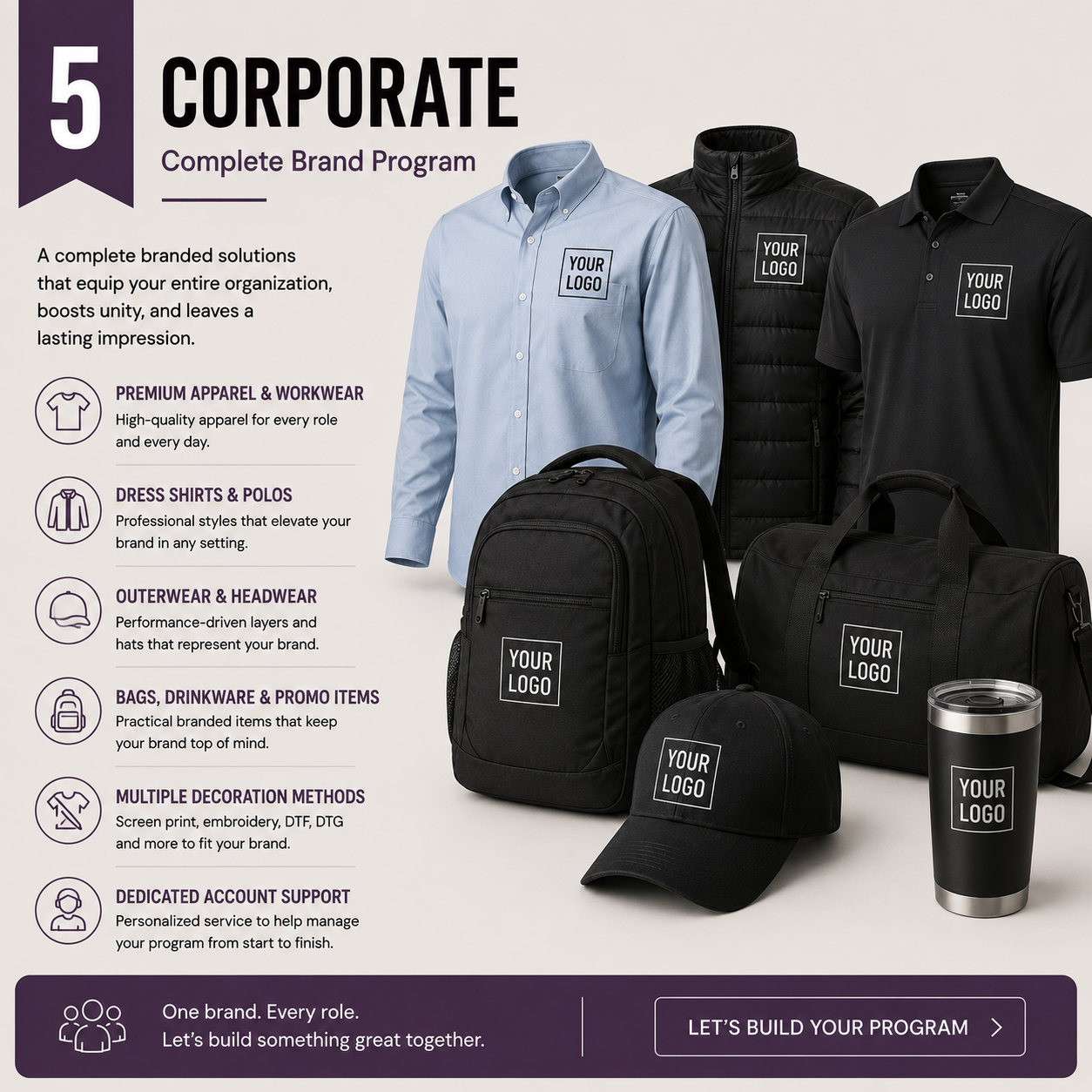 Corporate brand program graphic showing apparel and accessories with customizable 'YOUR LOGO' patches. The image includes a navy button-down shirt, black zip jacket, black hoodie, black tote bag, black cap, and a black tumbler, arranged on a light gray background with marketing text and icons.
