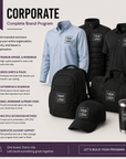 Corporate brand program graphic showing apparel and accessories with customizable 'YOUR LOGO' patches. The image includes a navy button-down shirt, black zip jacket, black hoodie, black tote bag, black cap, and a black tumbler, arranged on a light gray background with marketing text and icons.