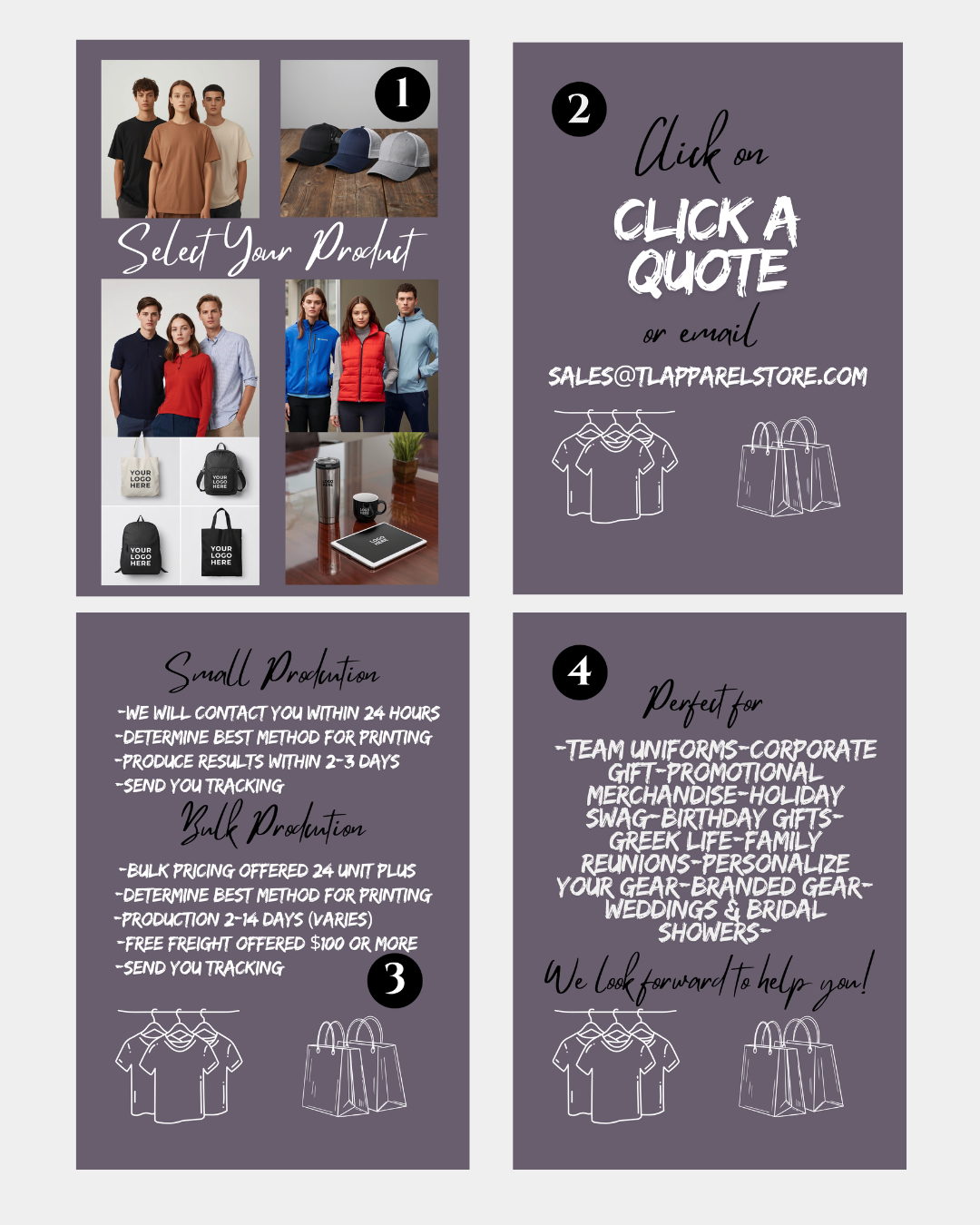 Promotional flyer for a clothing and accessory store with text and product images on a purple background.