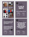 Promotional flyer for a clothing and accessory store with text and product images on a purple background.