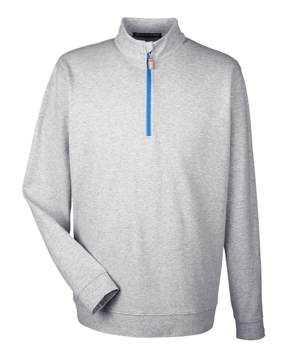 Gray long-sleeve shirt with a blue zipper on a white background