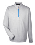 Gray long-sleeve shirt with a blue zipper on a white background