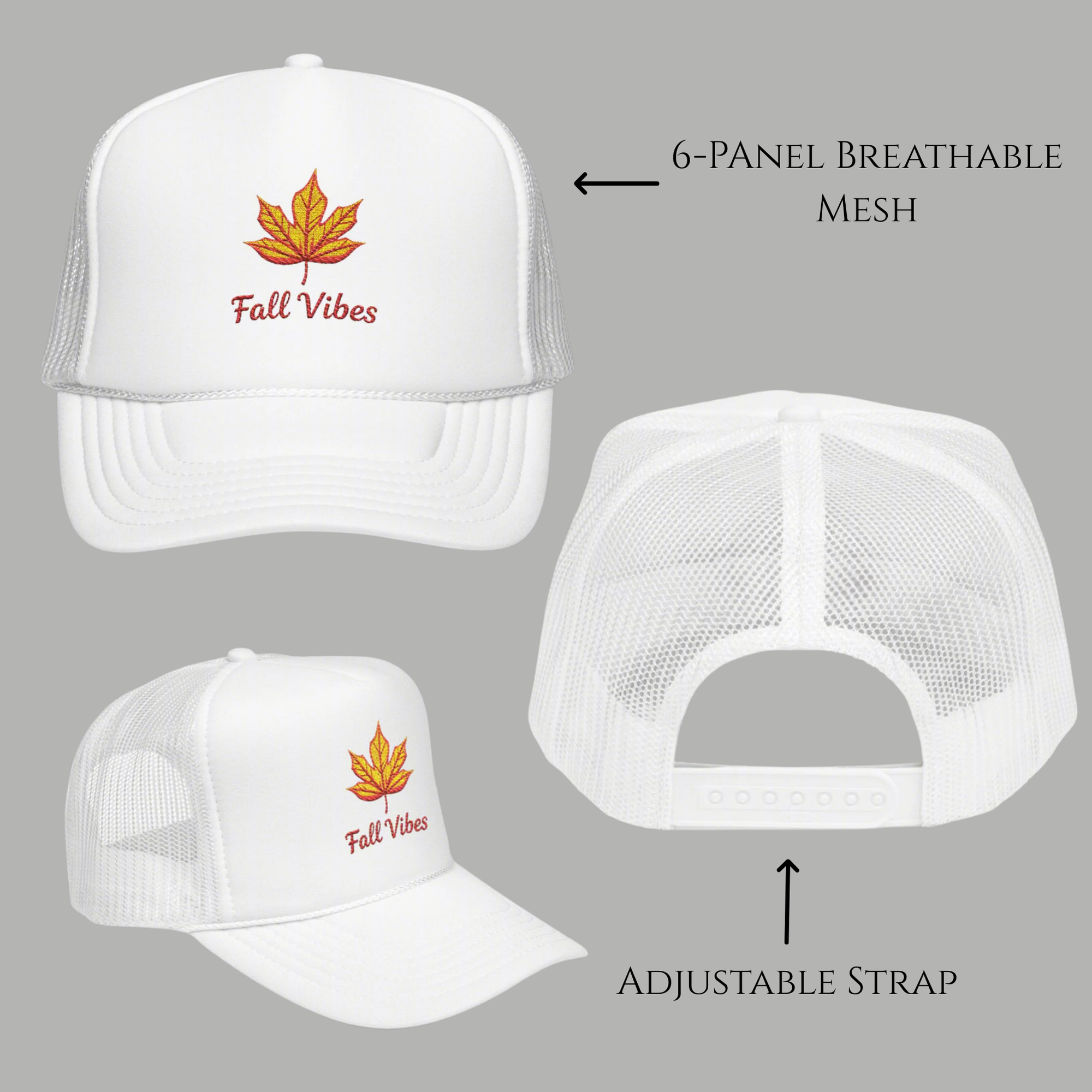 Embroidered Fall Vibes Foam Trucker Hat, Autumn Hat, Cool Weather Accessory, Outdoor Lifestyle, Gift for Him/Her