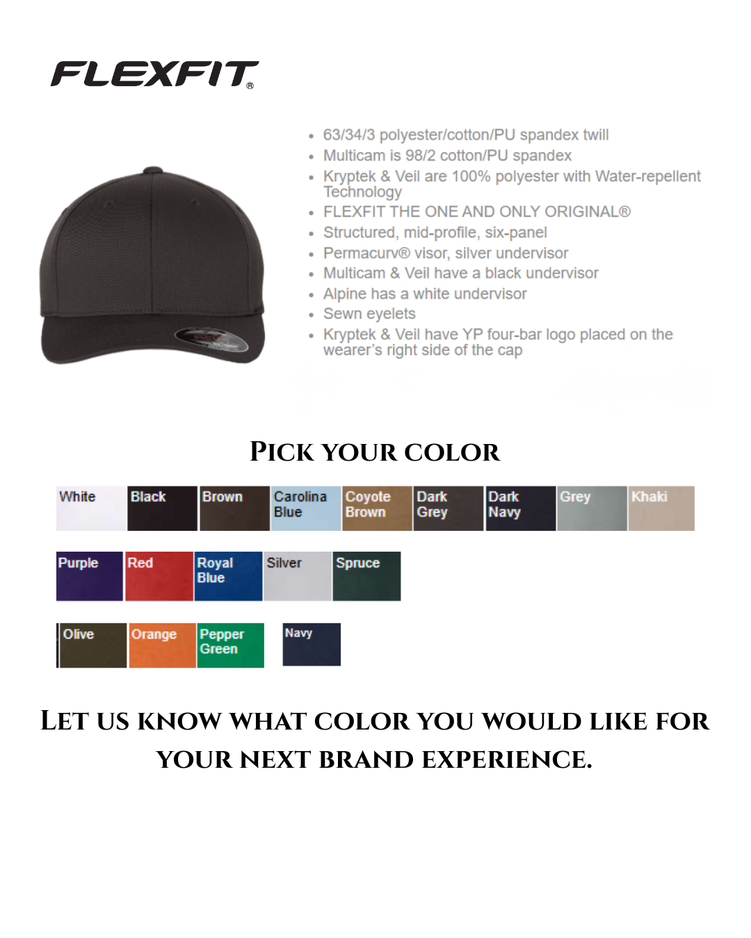 Black cap with color options and Flexfit branding on a white background