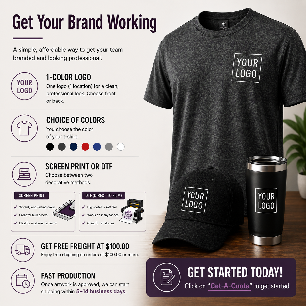A promotional product graphic showing a dark charcoal gray t-shirt and matching baseball cap with customizable 'YOUR LOGO' prints, alongside a stainless steel travel mug. The left side contains marketing text and icons about customization options, while the right side shows the apparel items on a wooden surface next to a potted plant.