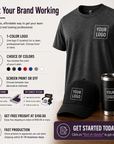 A promotional product graphic showing a dark charcoal gray t-shirt and matching baseball cap with customizable 'YOUR LOGO' prints, alongside a stainless steel travel mug. The left side contains marketing text and icons about customization options, while the right side shows the apparel items on a wooden surface next to a potted plant.