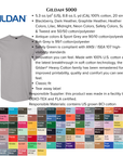 Gildan 5000 t-shirt with color chart and material information on a white background