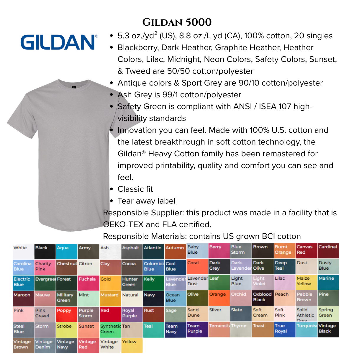 Gildan 5000 t-shirt with color chart and material information on a white background