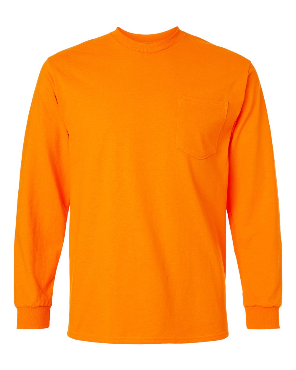 Orange long-sleeve shirt with a pocket on a white background
