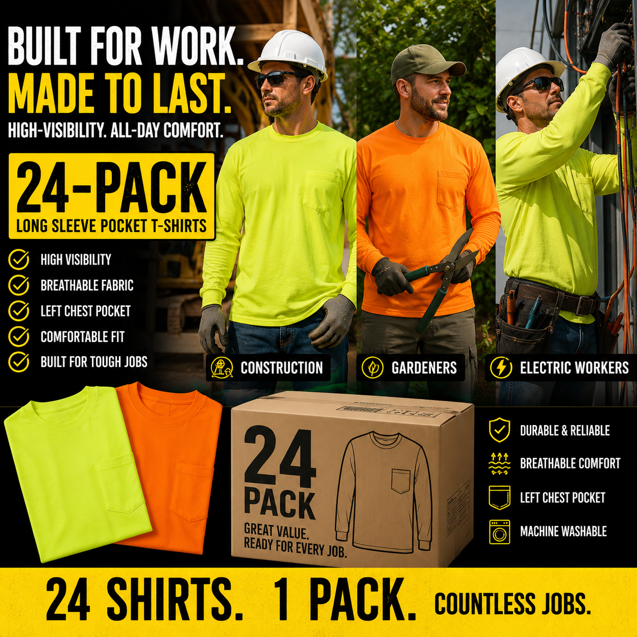 Gildan Hi-Vis Long Sleeve Pocket T-Shirt | Custom Screen Print &amp; DTF | ANSI Compliant